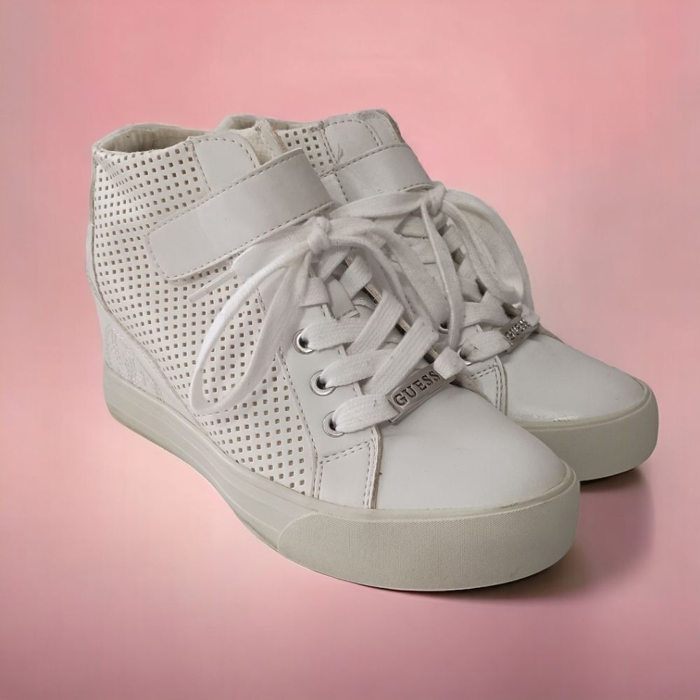 Guess Wedge High Top Sneaker 7.5 Womens Y2K White Leather Streetwear Hip Hop
